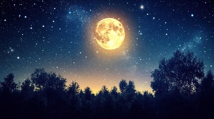 Night sky with a full moon and starry landscape, serene and enchanting 