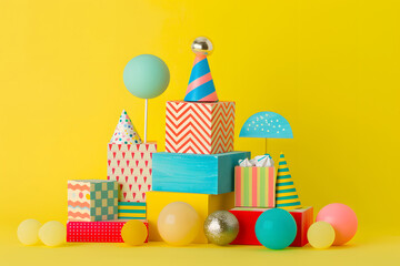 Happy birthday celebration wooden block and cake icon, cheerful and festive design, bright yellow background. Generative Ai.