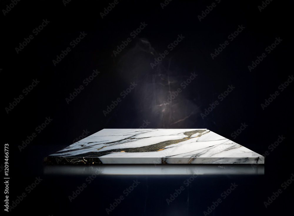 Aufkleber a square marble slab with grey and white veining rests on a dark reflective surface, illuminated fro