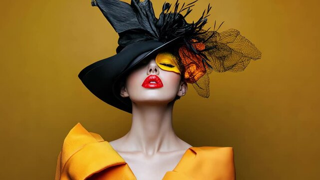 Fashion model wearing dramatic black feathered hat, yellow eye makeup, red lipstick, posing against yellow studio backdrop