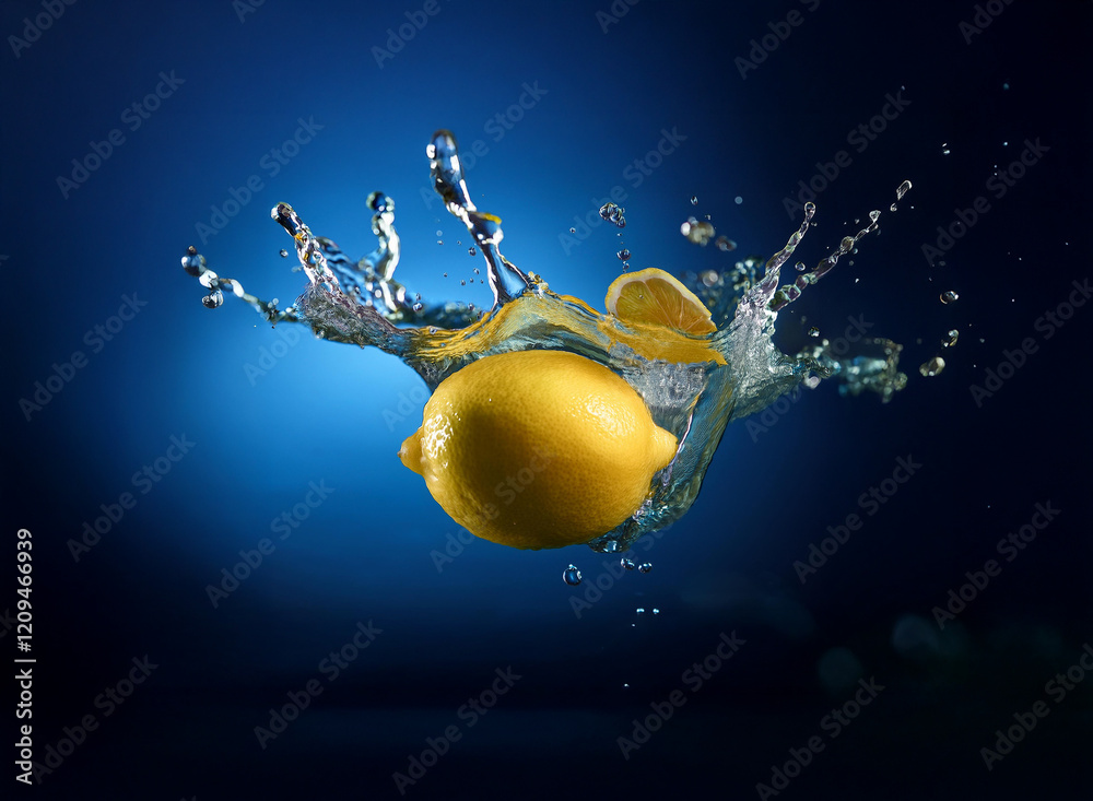 Poster a vibrant yellow lemon and a lemon slice splash into clear water, creating a dynamic crown of drople