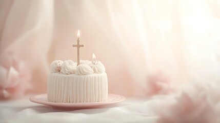 A Small White Cake with a Cross Candle