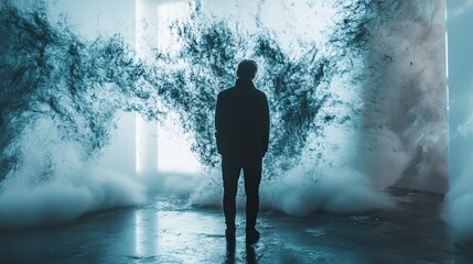 Obraz premium Surreal Man in a Foggy Blue Landscape