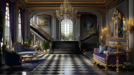 Living room interior design concept. The main room is Rococo style with luxurious interior design. A large chandelier hung from the ceiling, and the floor was covered in black and white tiles.