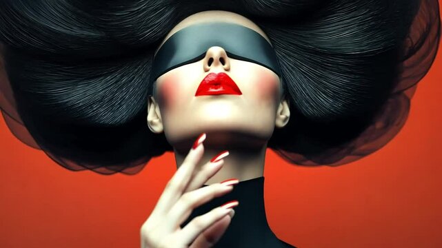 Red lipped fashion model wearing black turtleneck and blindfold, posing with voluminous hair against vibrant orange backdrop