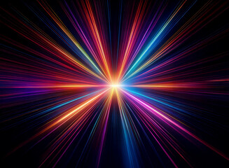 Vibrant, multicolored light rays burst from a central point, radiating outwards into a dark background.  The effect is dynamic and energetic, suggesting speed and movement.