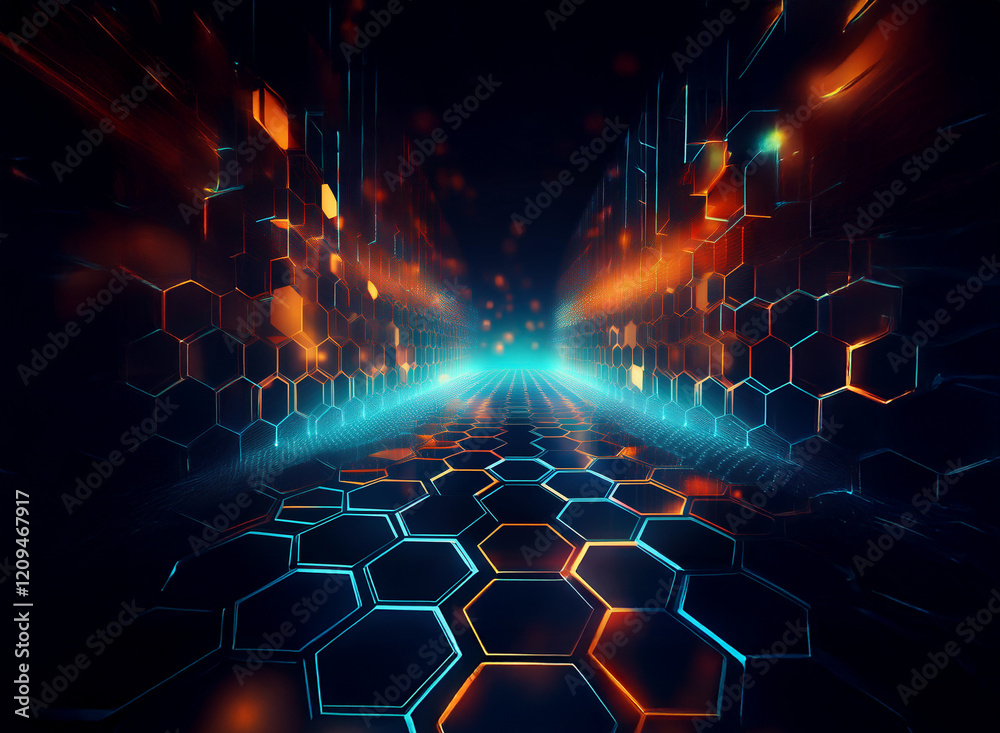 Poster a mesmerizing digital art depicting a futuristic, glowing hexagonal tunnel. vibrant orange and blue 