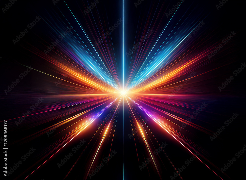 Poster Vibrant, multicolored light streaks radiate from a central point, creating a dynamic, starburst effect against a dark background.  The image evokes speed and energy.