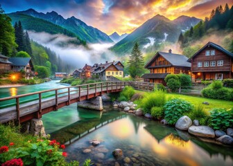 Fototapeta premium Peaceful mountain village scene; bridge over calm river, picturesque landscape photography.