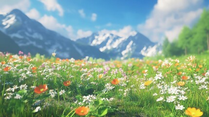 Vibrant wildflower field at the foot of majestic mountains under a clear blue sky.