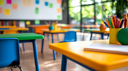 Ai generated classroom environment with colorful desks and creative supplies for learning engagement