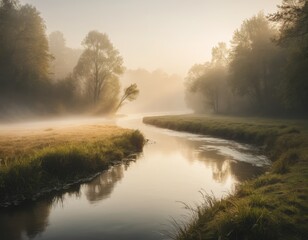 Misty River at Sunrise Golden Hour Landscape Photography