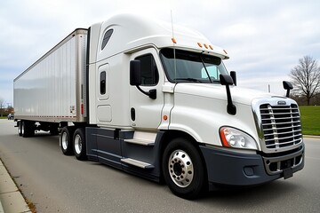 White Commercial Freight Truck Transporting Goods on a City Street with a Cloudy Sky Backdrop