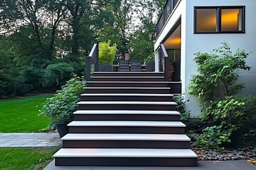 The exterior staircase of the two-story house