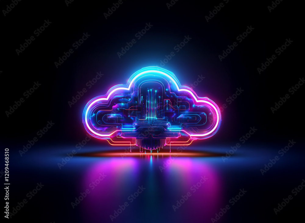 Poster a vibrant neon cloud symbol, glowing with pink and blue light, rests on a dark reflective surface. i
