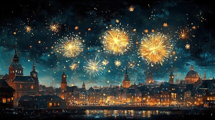 Naklejka premium Fireworks illuminating the night sky over a bustling cityscape, festive and celebratory 