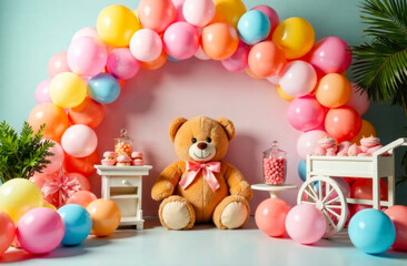 Obraz premium A big teddy bear rests under a colorful balloon arch, surrounded by sweets, making for a joyful celebration