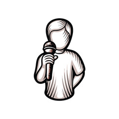 A simplified, cartoon-style illustration of a person speaking into a microphone. The person should have a friendly and approachable expression.