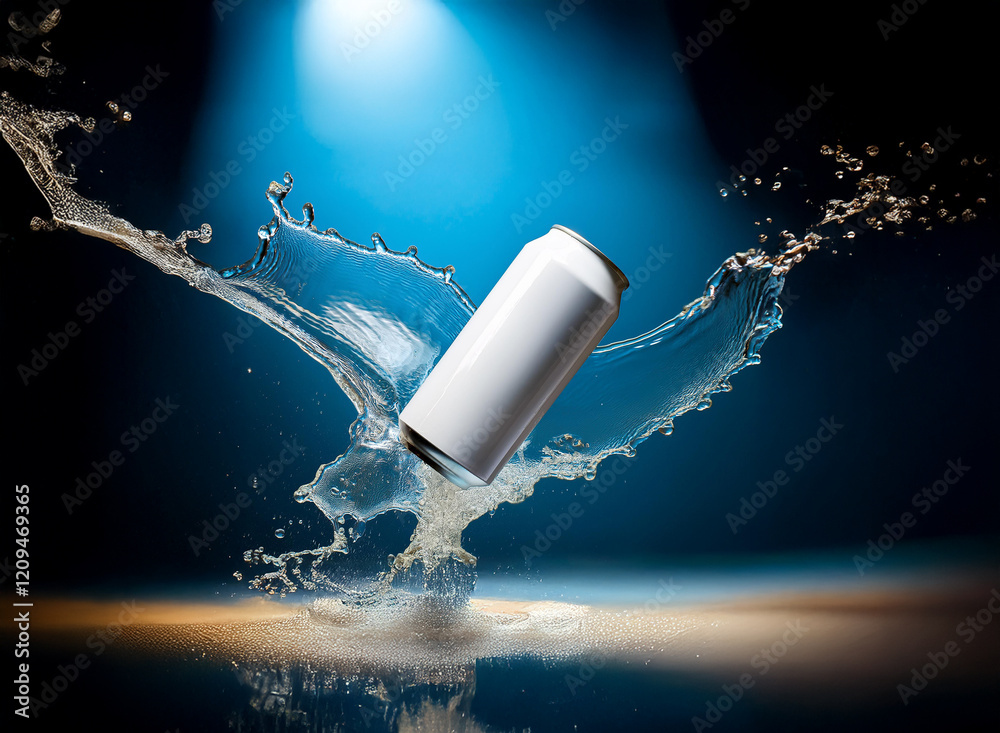 Fototapete a pristine white beverage can, seemingly levitating amidst a dynamic splash of liquid, is dramatical