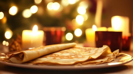 French pancakes crepes for Candlemas with candles in background