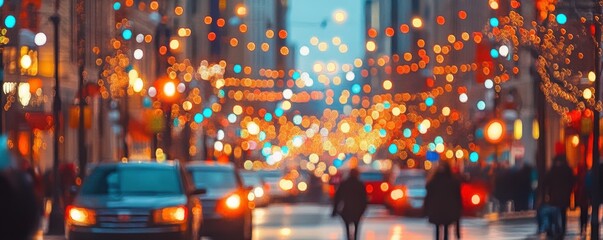 Fototapeta premium Vibrant holiday lights strung across a busy downtown street.