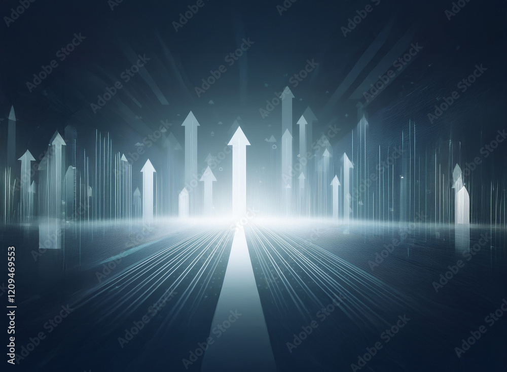 Poster numerous luminous arrows ascend on a dark, abstract path, symbolizing growth, progress, and a bright