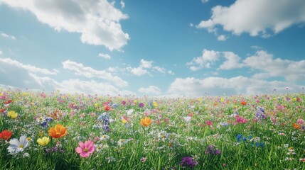 Obraz premium Vibrant wildflower meadow under a bright blue sky with fluffy white clouds.