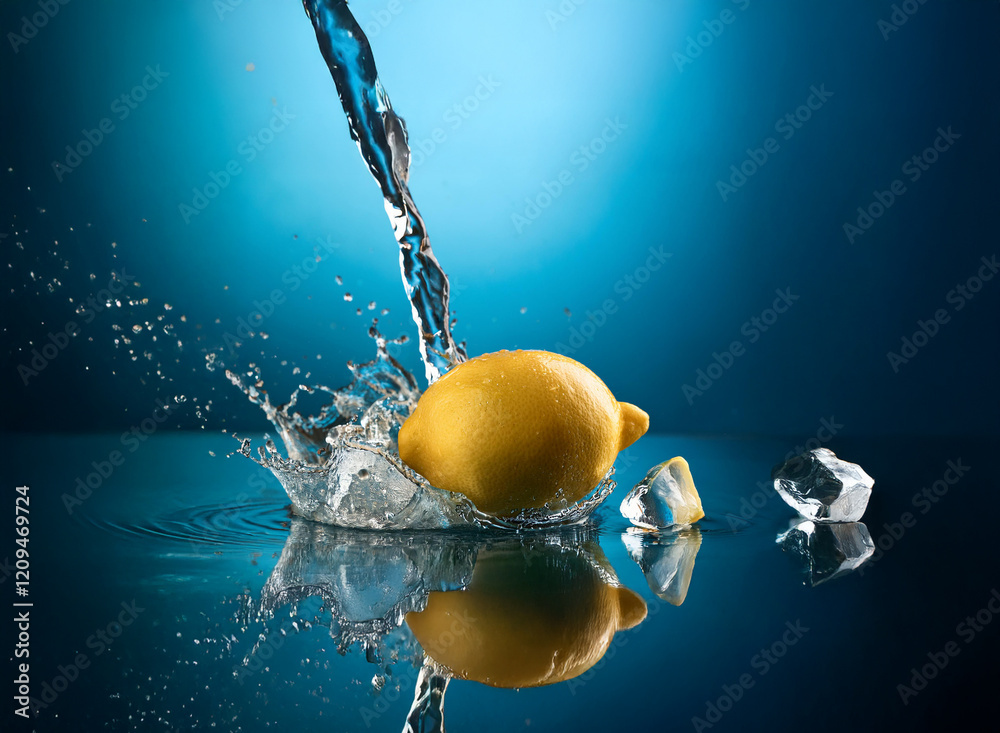 Fototapete a vibrant yellow lemon submerged in a cascade of water, creating a dynamic splash against a deep blu