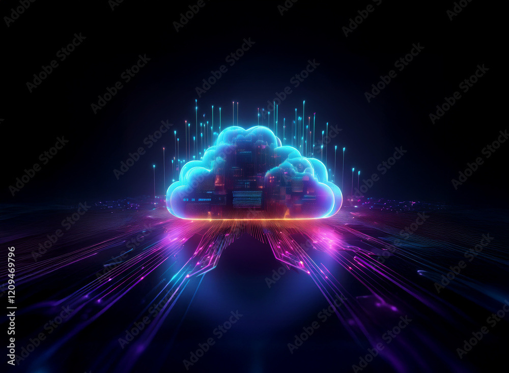 Aufkleber Glowing cloud symbol with digital data streams, representing cloud computing and data storage.  A futuristic, neon-lit design on a dark background.