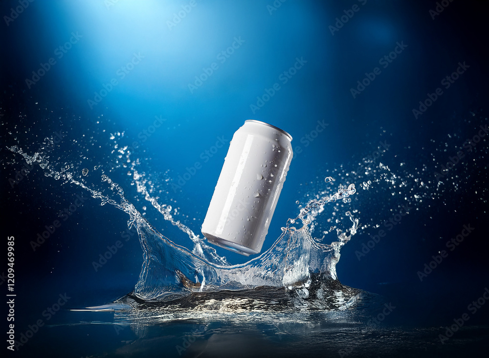 Poster A pristine white aluminum can, glistening with condensation, splashes into clear water, creating a dynamic wave.  The backdrop is a rich, deep blue.
