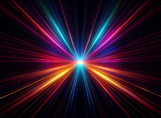 Vibrant, multicolored light streaks radiate from a central point, exploding outwards in a dazzling display of speed and energy against a black background.  The effect is hypnotic and dynamic.