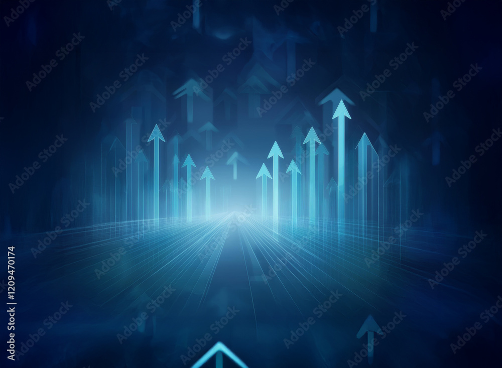Poster abstract image depicting a futuristic, technological landscape with numerous glowing blue arrows poi