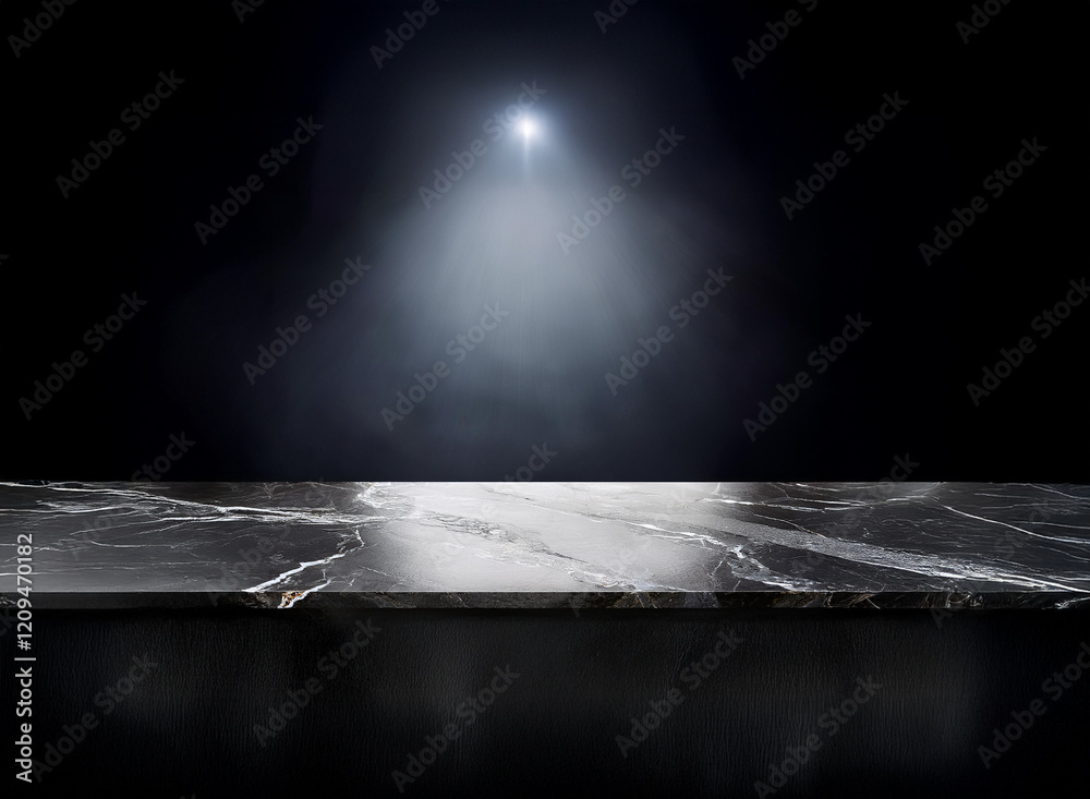 Poster sleek black marble tabletop under a single spotlight, creating a dramatic, moody atmosphere. the ref
