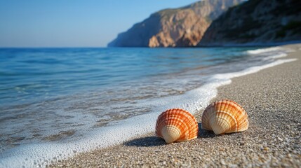 Seashells on beach, waves, coastal cliffs, summer
