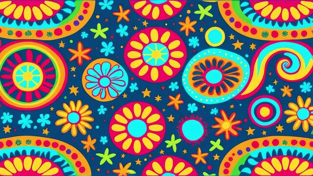 Stop motion animation, multicolored hippie background with flowers, abstract vector backgrounds