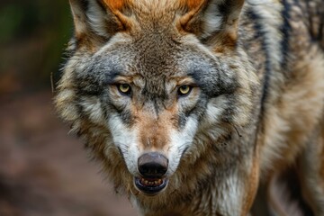 Fototapeta premium Close up of a eurasian wolf baring its teeth in a natural environment