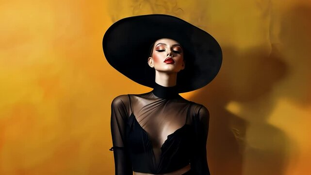 Elegant fashion model wearing black wide brimmed hat, sheer blouse, standing amid golden smoke swirling against saturated yellow studio backdrop