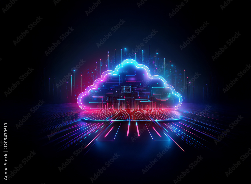 Poster A vibrant, glowing cloud symbol with integrated circuits and data streams, representing digital technology and cloud computing.  The cloud sits atop a reflective surface with radiating light streaks s