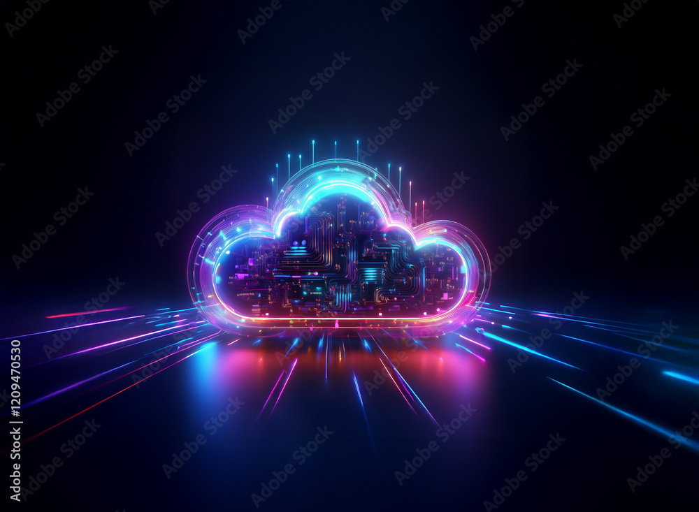 Fototapete A vibrant, glowing cloud symbol, filled with intricate circuitry and data streams, represents the power and complexity of cloud computing and data storage.  Light trails emanate outward, suggesting sp