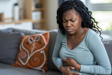 Black woman experiences stomach pain, constipation, and endometriosis on sofa at home. Young female struggles with abdomen cramps, diarrhea, irritable bowel syndrome, menstrual cycle issues.