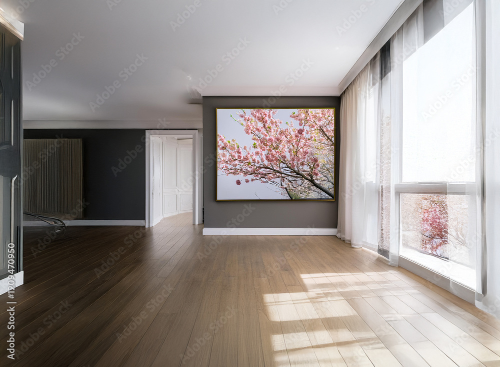 Poster sunlight streams into a minimalist room, illuminating hardwood floors and a large framed print of a 