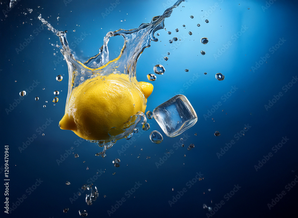 Fototapete a vibrant yellow lemon and an ice cube plunge into clear blue water, creating a dynamic splash and a