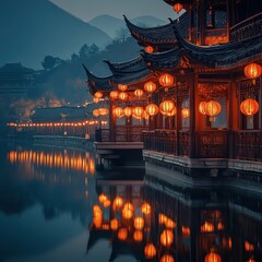 Obraz premium Serene Night View of Traditional Lanterns by a Tranquil Water Body