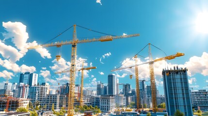 Naklejka premium Construction Cranes Skyline Cityscape Modern Buildings