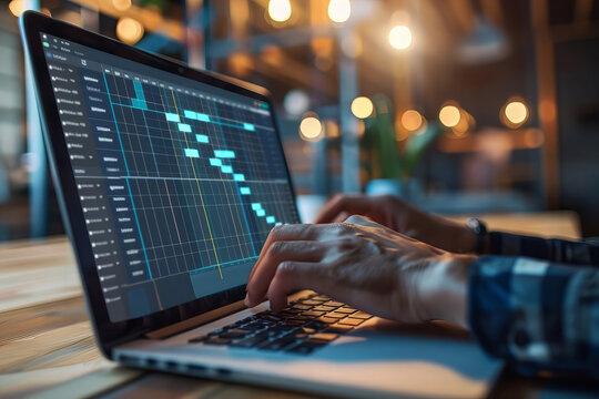 Updating the Schedule: Project Manager Utilizing Gantt Chart and Planning Software on Laptop Screen
