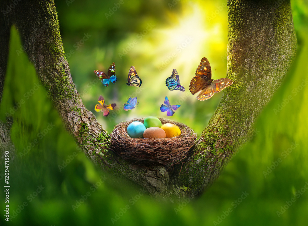 Poster a bird's nest nestled in a tree holds colorful eggs, surrounded by vibrant butterflies taking flight