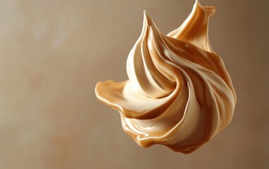 Golden caramel swirled into fresh cream, captured in midair, glowing with warm lighting