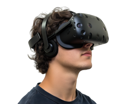 teenager wearing virtual reality headset, immersed in digital experience, isolated on transparency background. expression reflects curiosity and engagement - Powered by Adobe