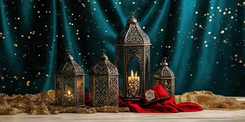 Elegant Moroccan Lanterns with Ambient Lighting on Luxurious Fabric Background - Perfect for Festive Decor and Celebration Themes