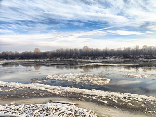 Ice drift on the river marks the arrival of spring as the ice melts and water flows freely